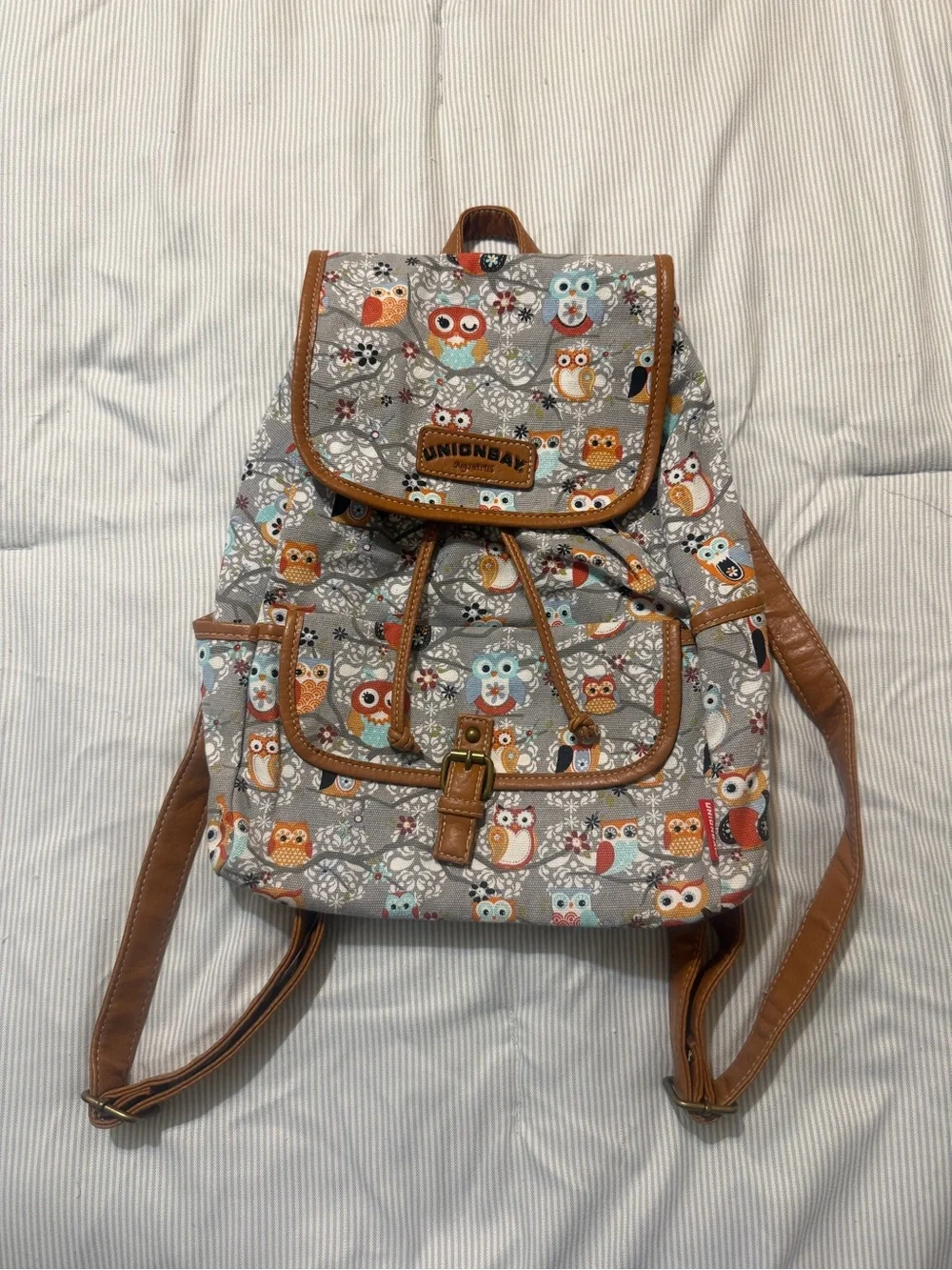 Unionbay Gray Owl Print Backpack with Brown Vegan Leather Trim